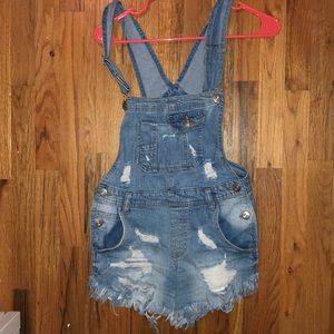 light wash overall jean shorts